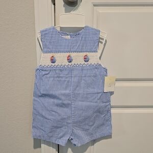 Blue Gingham Baby Romper with Sailboat Embroidery